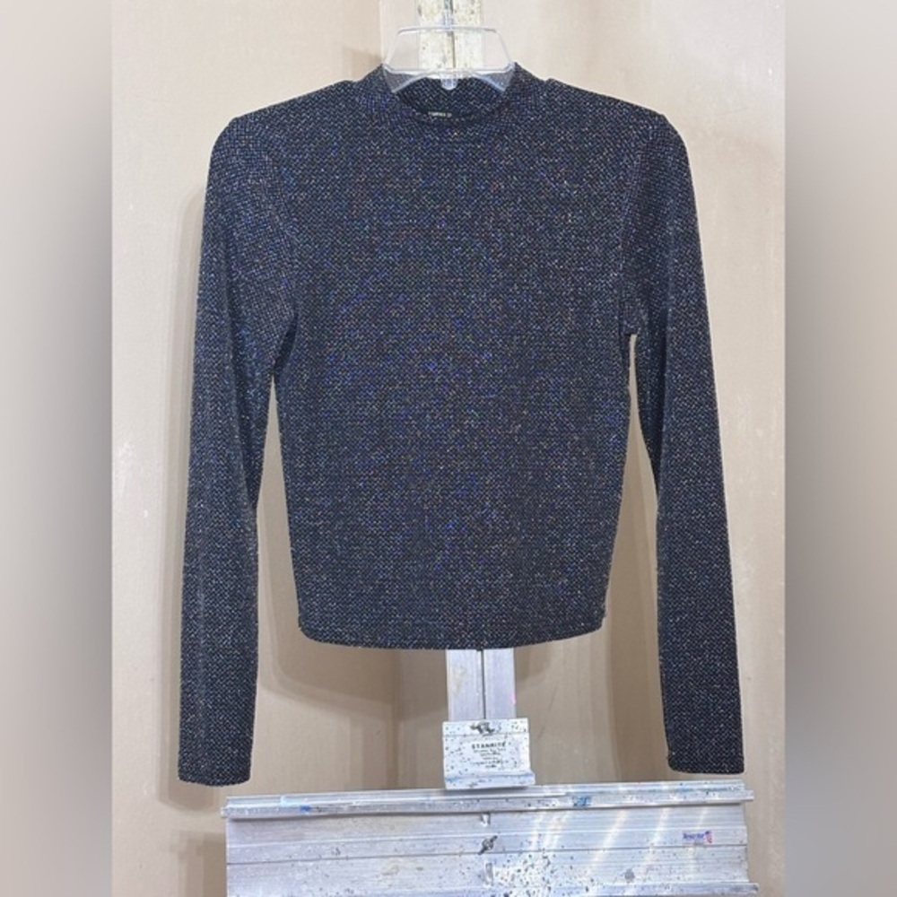 Forever 21 Black Glitter Long Sleeve Moc turtleneck Top Sz Small
